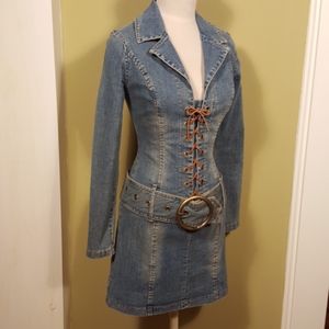 Lace Up Denim Stretch Body Con Mini Dress XS